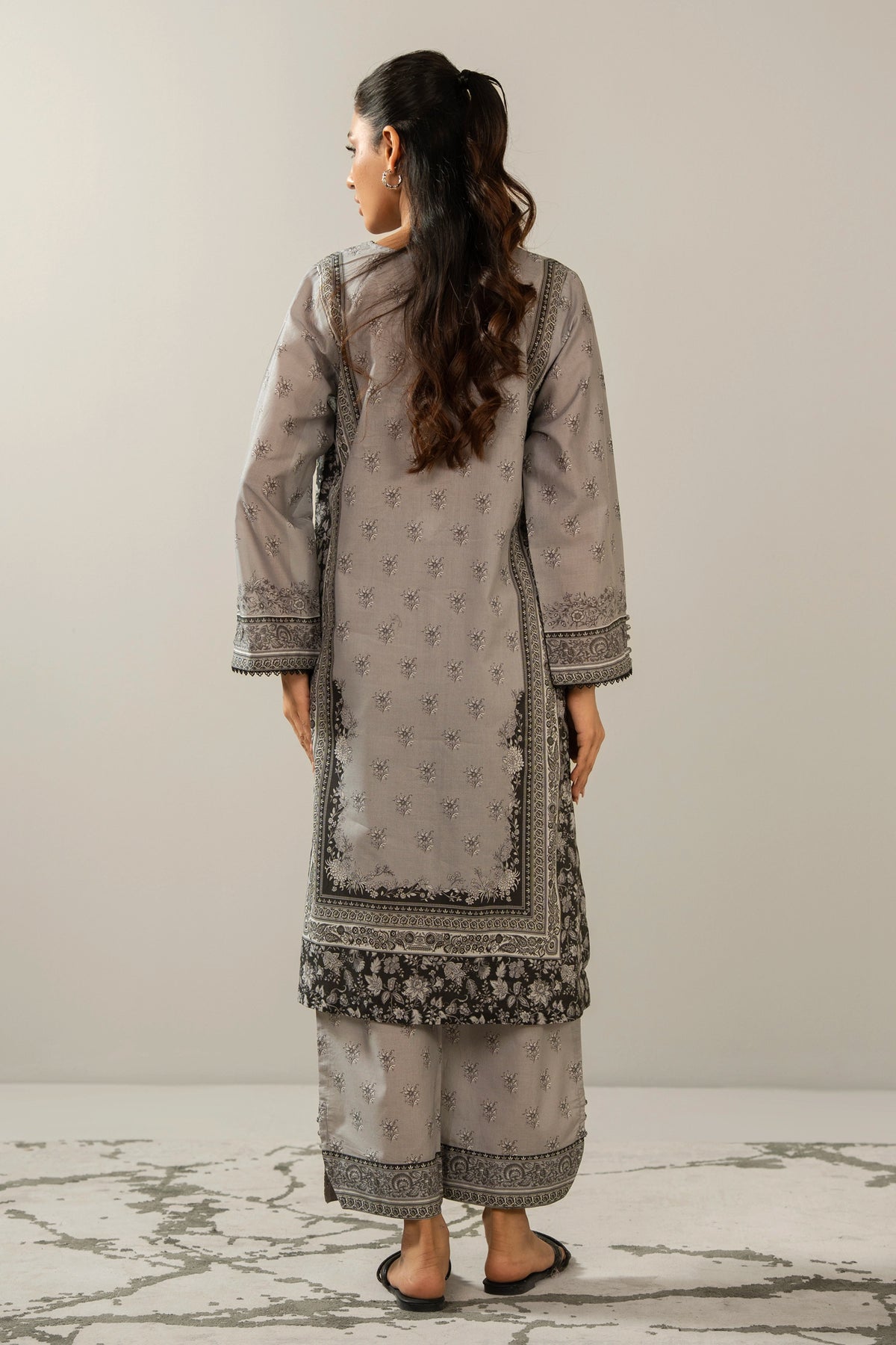 Stitched 2-piece grey printed cambric suit featuring a classic button-down shirt and matching trousers from the Monochrome Collection