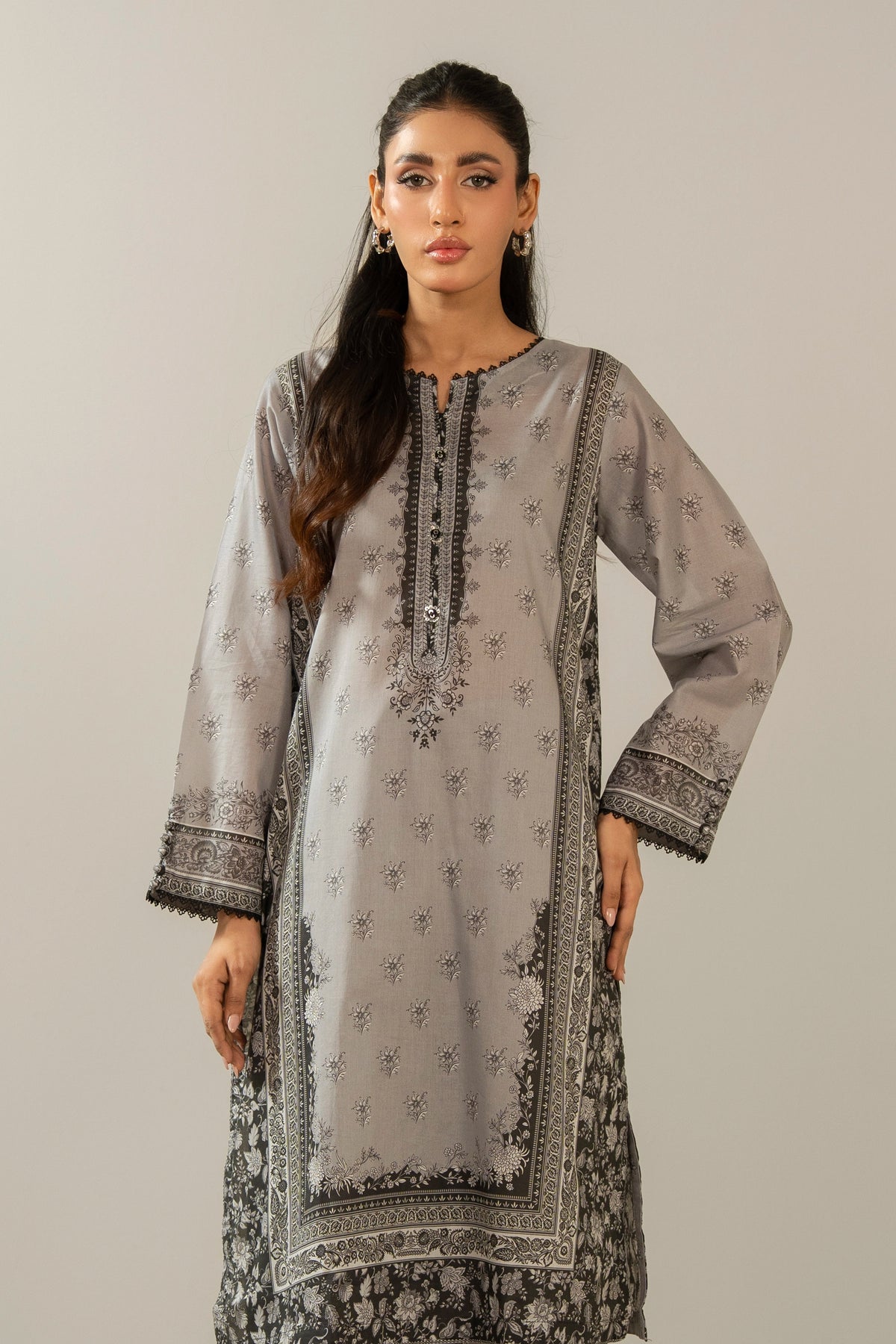 Stitched 2-piece grey printed cambric suit featuring a classic button-down shirt and matching trousers from the Monochrome Collection