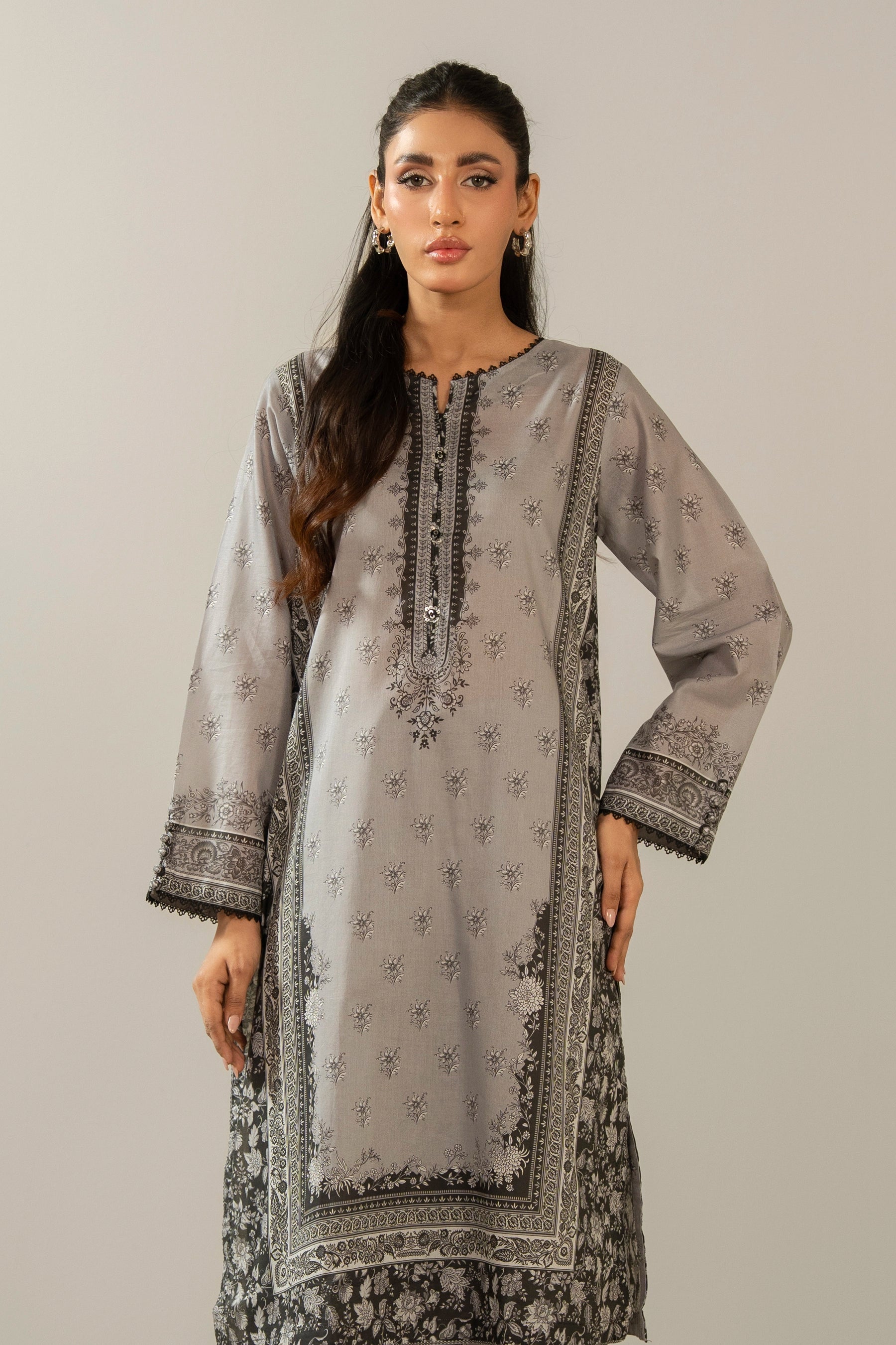 Stitched 2-piece grey printed cambric suit featuring a classic button-down shirt and matching trousers from the Monochrome Collection