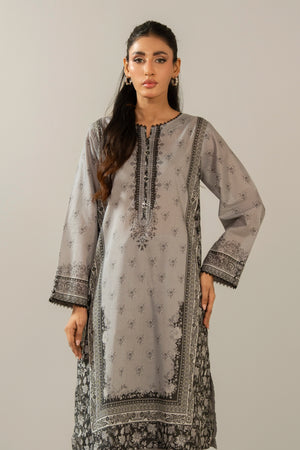 Stitched 2-piece grey printed cambric suit featuring a classic button-down shirt and matching trousers from the Monochrome Collection