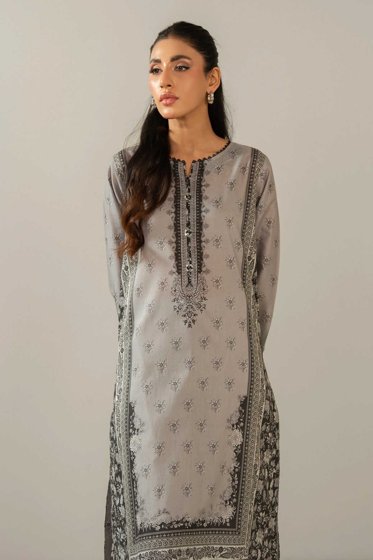 Stitched 2-piece grey printed cambric suit featuring a classic button-down shirt and matching trousers from the Monochrome Collection