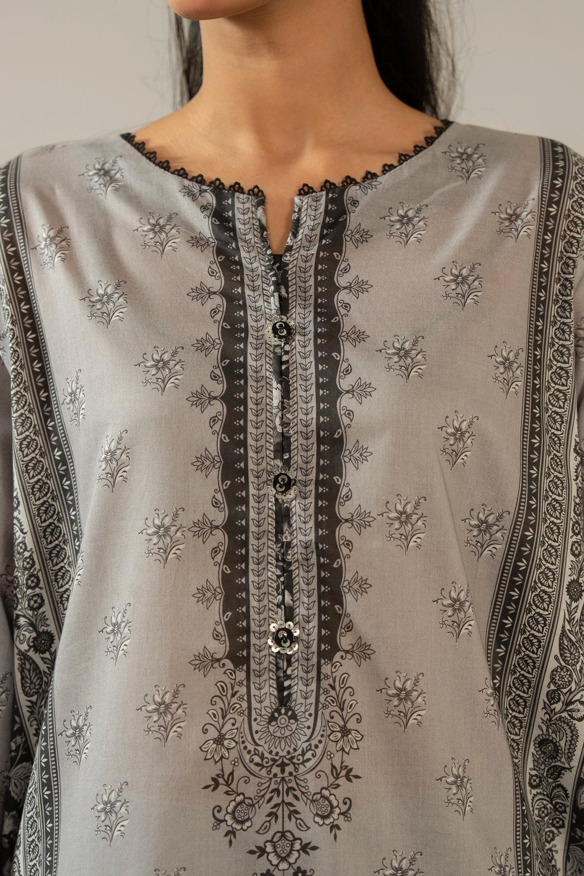 Stitched 2-piece grey printed cambric suit featuring a classic button-down shirt and matching trousers from the Monochrome Collection