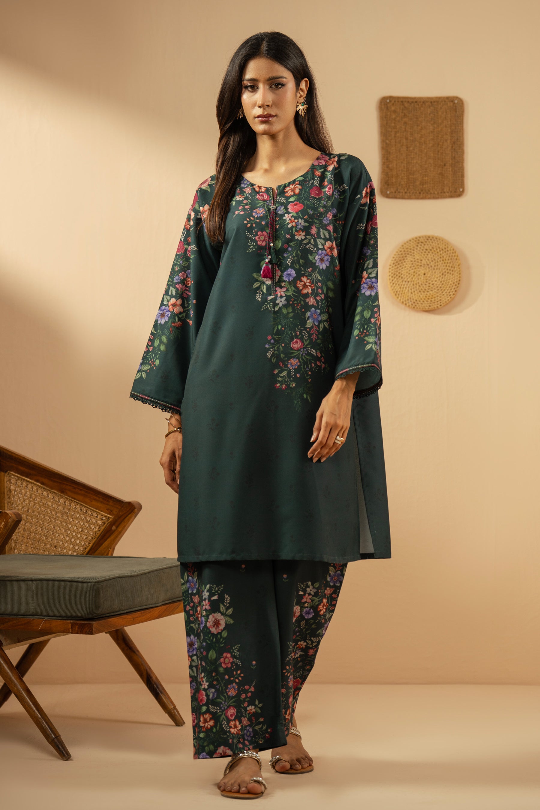Stitched 2-piece teal poly cambric suit featuring a printed shirt and coordinated straight pants