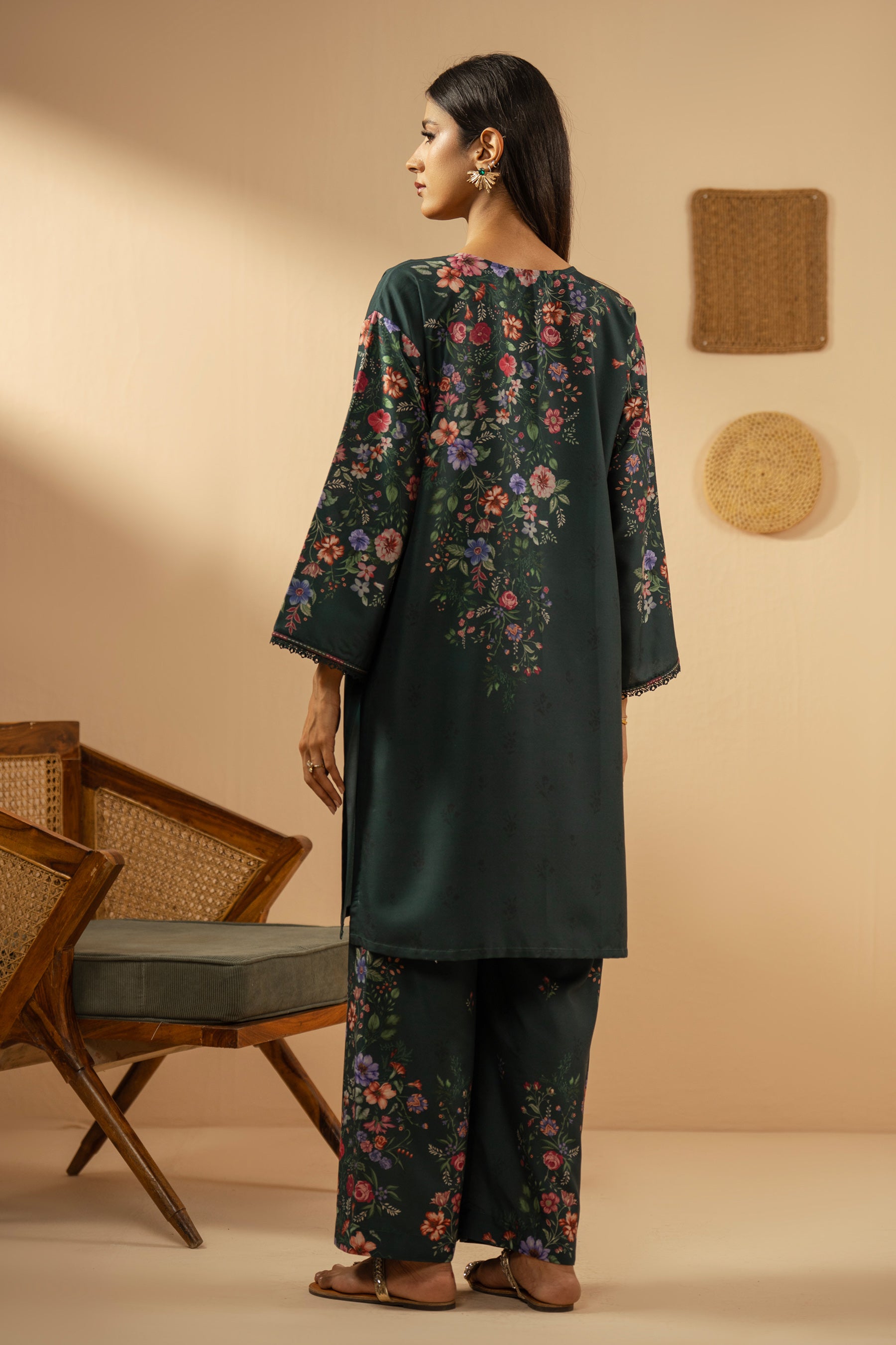 Stitched 2-piece teal poly cambric suit featuring a printed shirt and coordinated straight pants