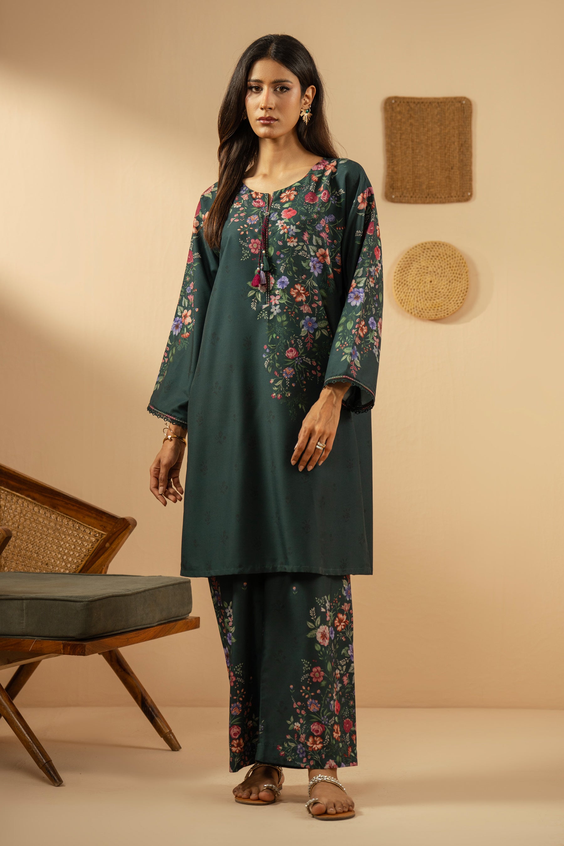 Stitched 2-piece teal poly cambric suit featuring a printed shirt and coordinated straight pants