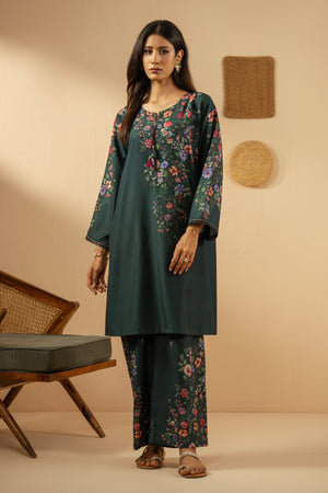 Stitched 2-piece teal poly cambric suit featuring a printed shirt and coordinated straight pants