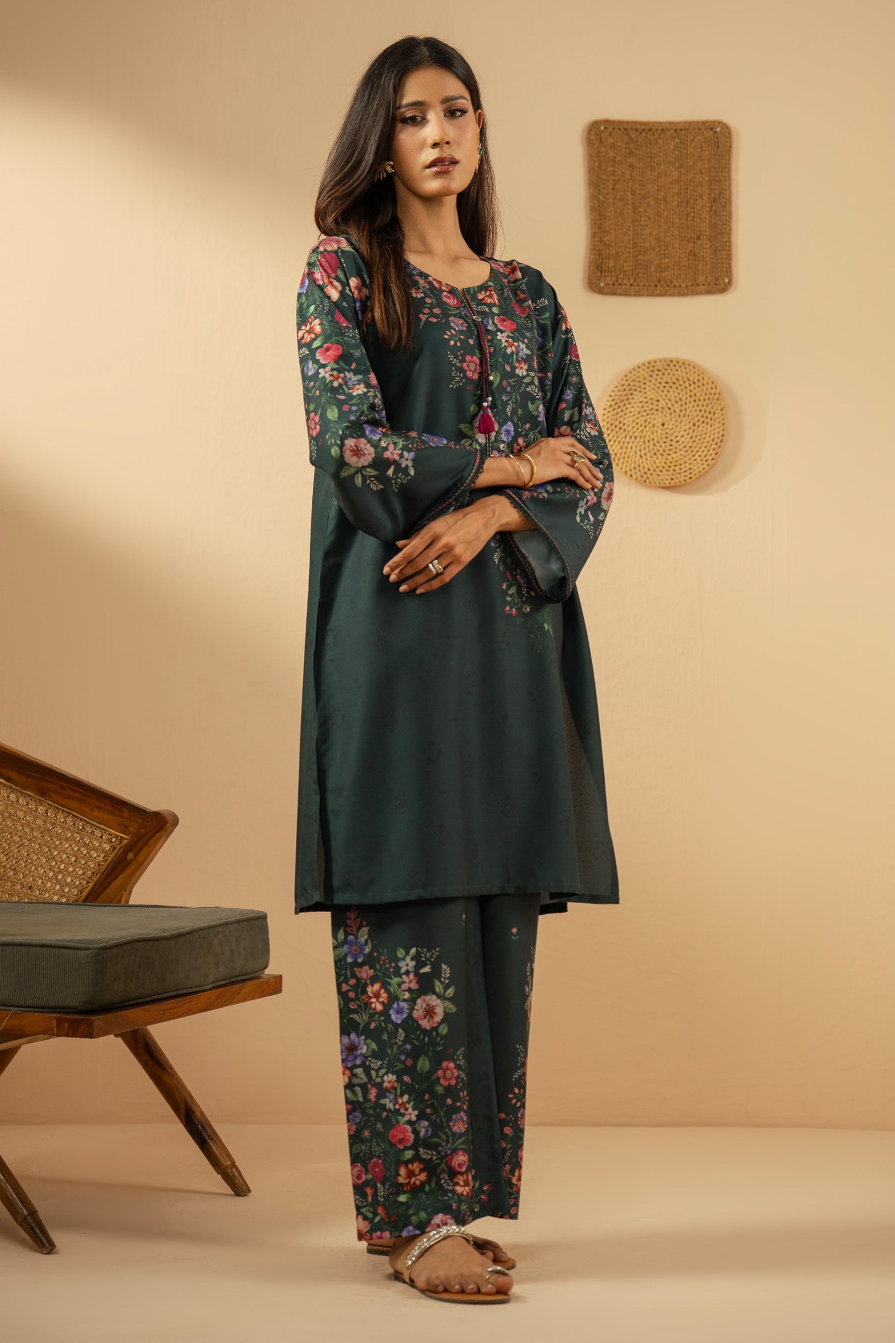 Stitched 2-piece teal poly cambric suit featuring a printed shirt and coordinated straight pants