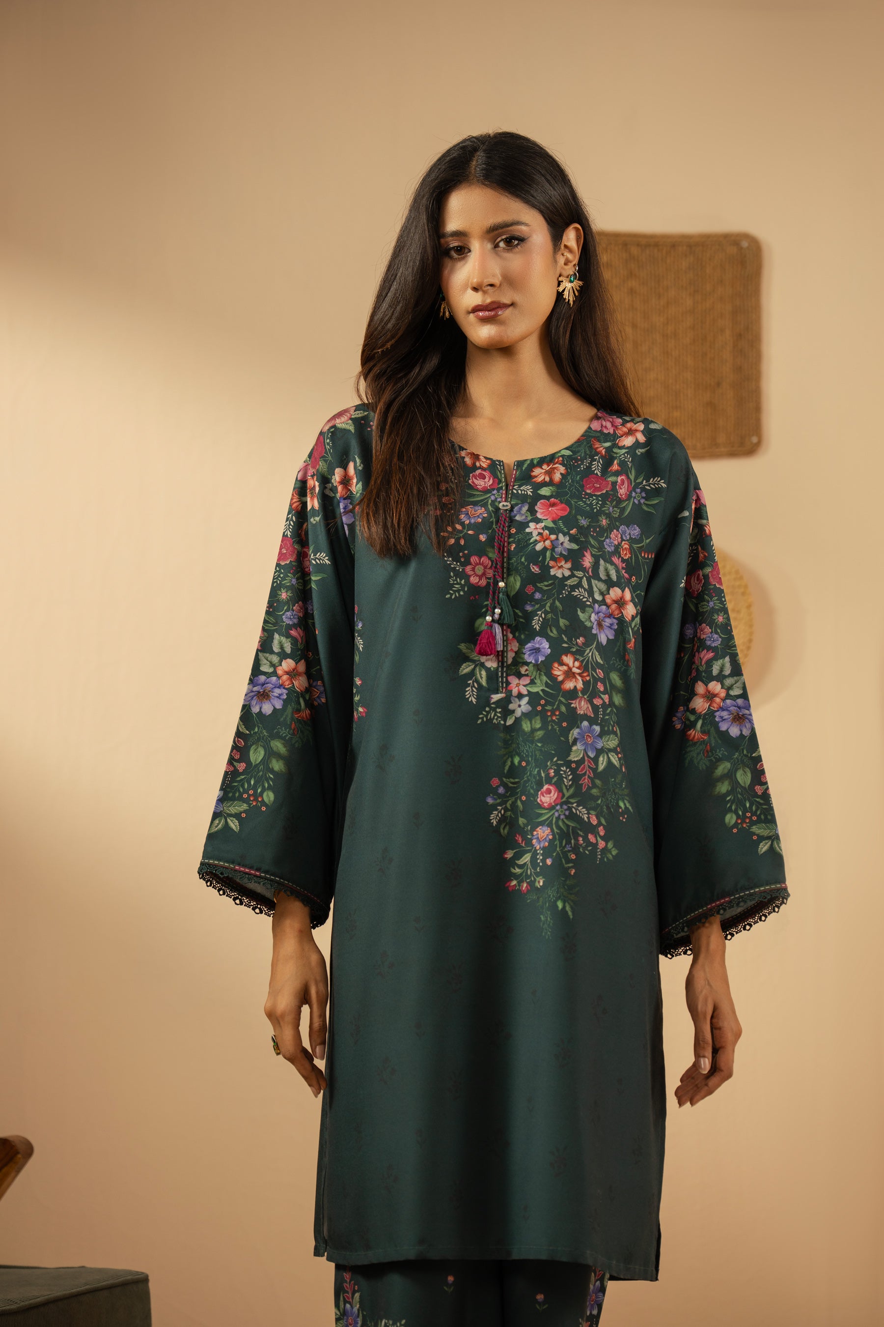 Stitched 2-piece teal poly cambric suit featuring a printed shirt and coordinated straight pants