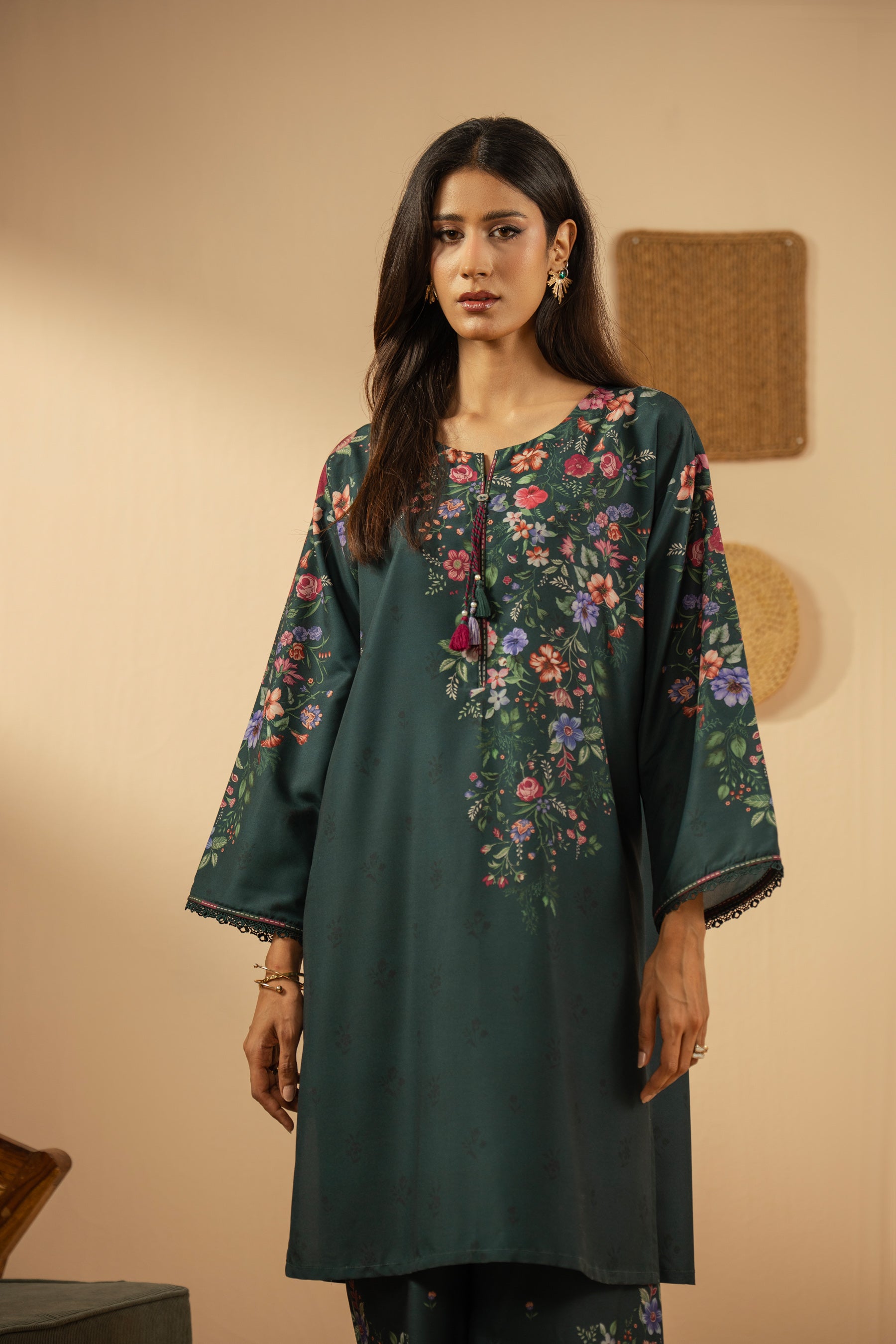 Stitched 2-piece teal poly cambric suit featuring a printed shirt and coordinated straight pants