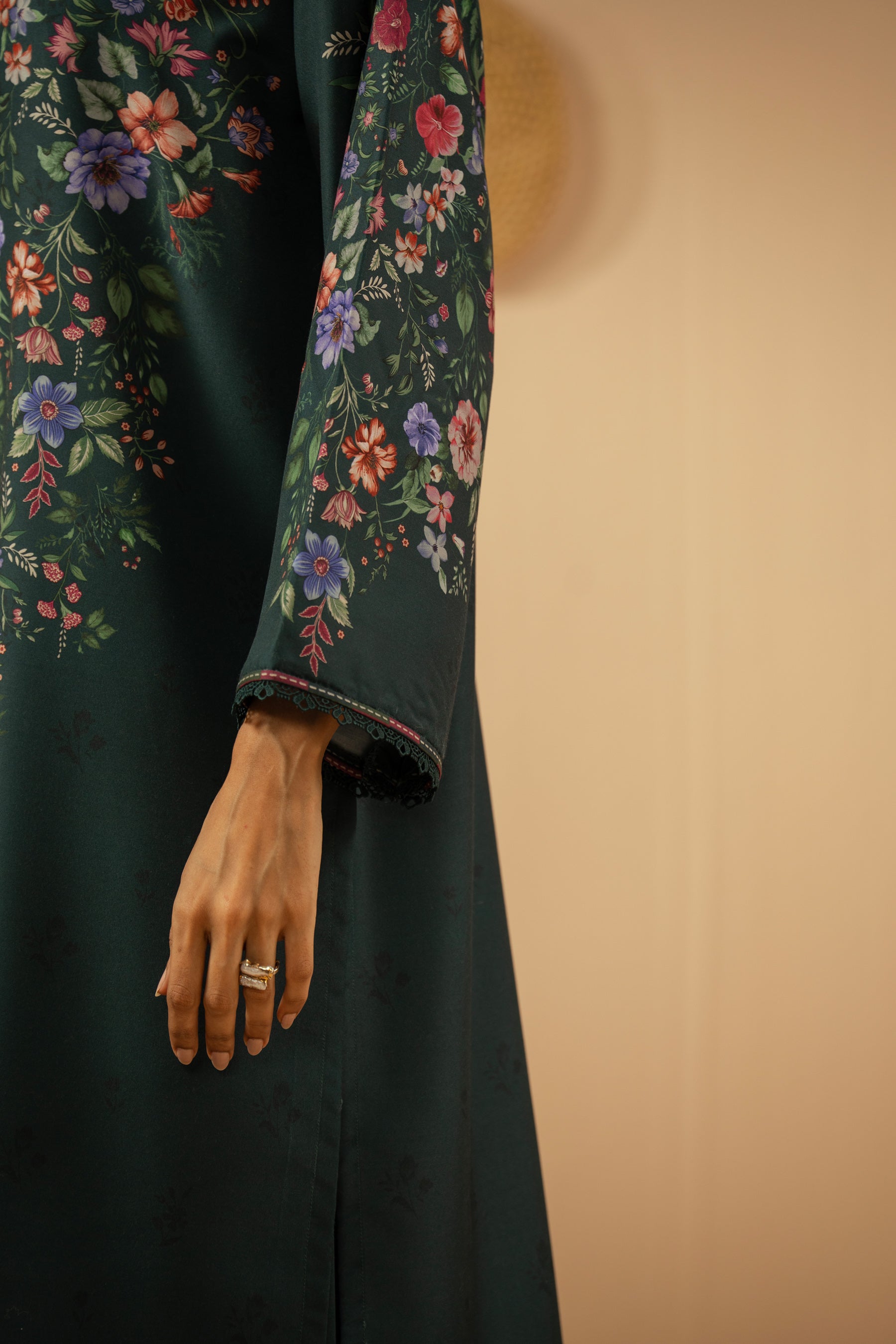 Stitched 2-piece teal poly cambric suit featuring a printed shirt and coordinated straight pants