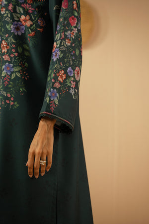 Stitched 2-piece teal poly cambric suit featuring a printed shirt and coordinated straight pants