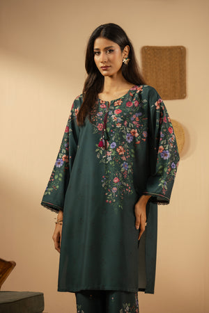 Stitched 2-piece teal poly cambric suit featuring a printed shirt and coordinated straight pants