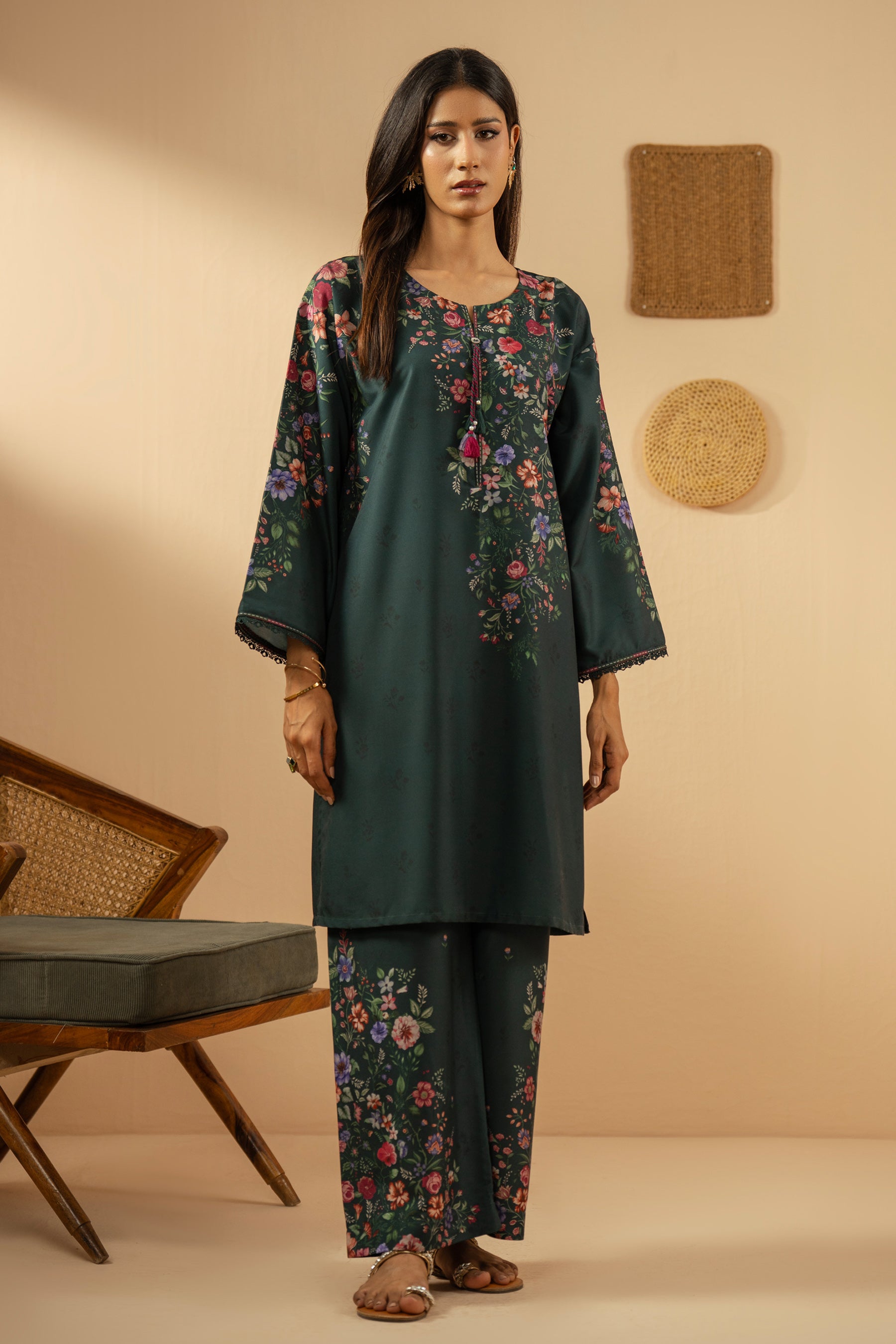 Stitched 2-piece teal poly cambric suit featuring a printed shirt and coordinated straight pants