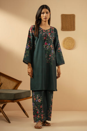 Stitched 2-piece teal poly cambric suit featuring a printed shirt and coordinated straight pants