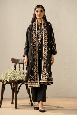 Stitched 3-piece black slub lawn suit featuring classic floral monochrome prints, matching dupatta, and trousers