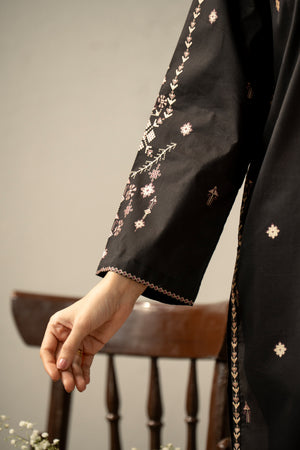 Stitched 3-piece black slub lawn suit featuring classic floral monochrome prints, matching dupatta, and trousers