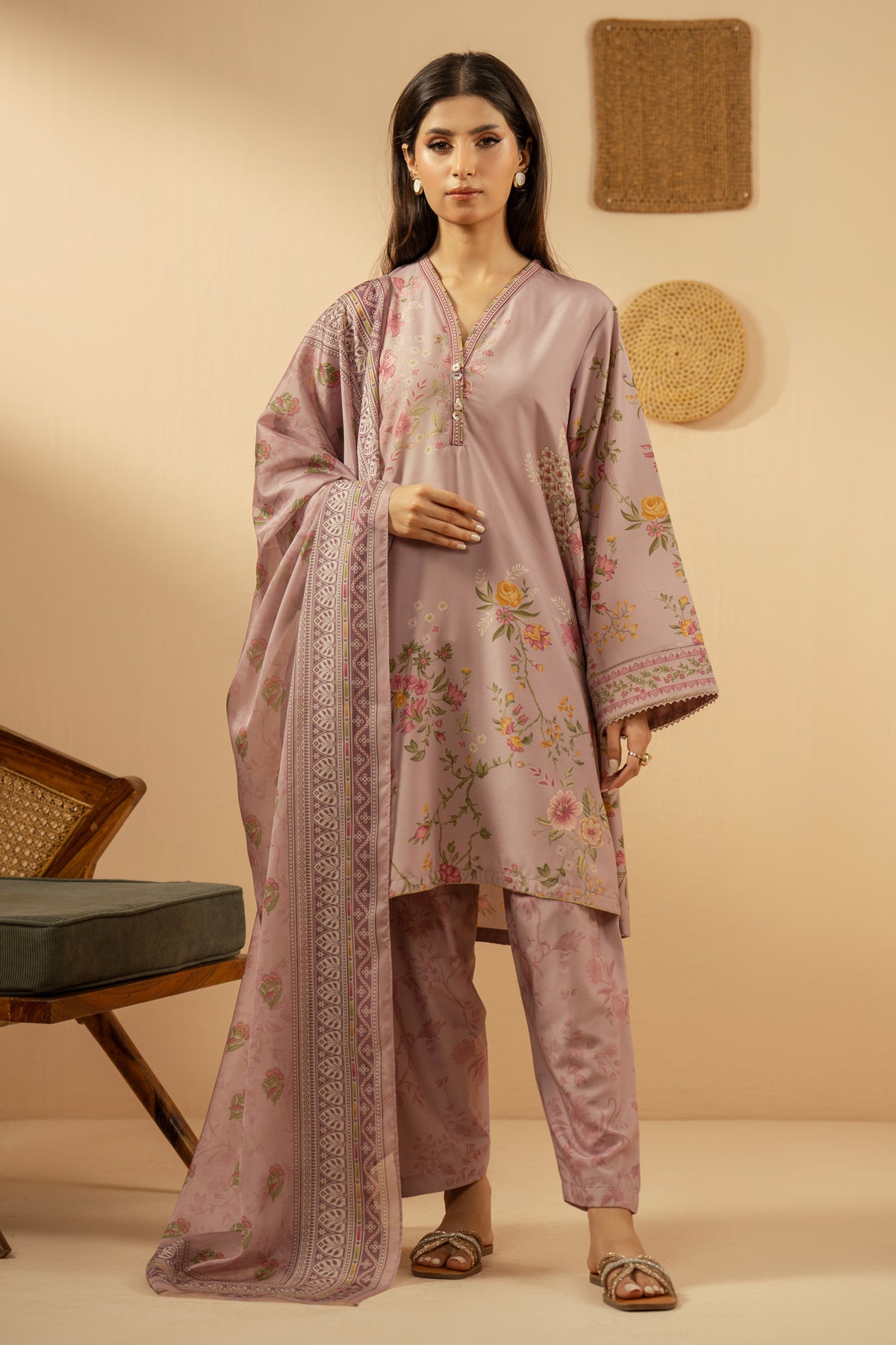Stitched 3-piece mauve poly cambric suit with delicate geometric patterns, matching dupatta, and trousers from the Performance Edit