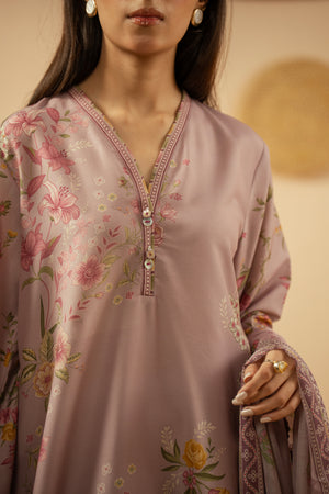 Stitched 3-piece mauve poly cambric suit with delicate geometric patterns, matching dupatta, and trousers from the Performance Edit