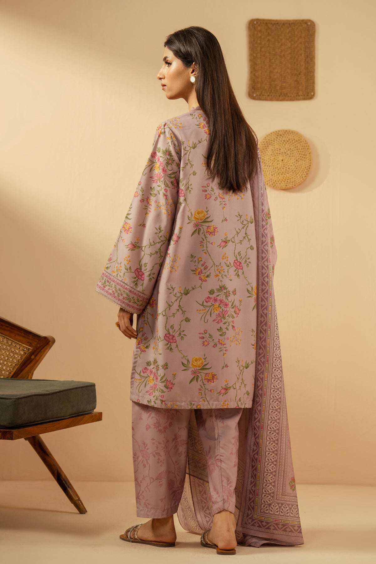 Stitched 3-piece mauve poly cambric suit with delicate geometric patterns, matching dupatta, and trousers from the Performance Edit