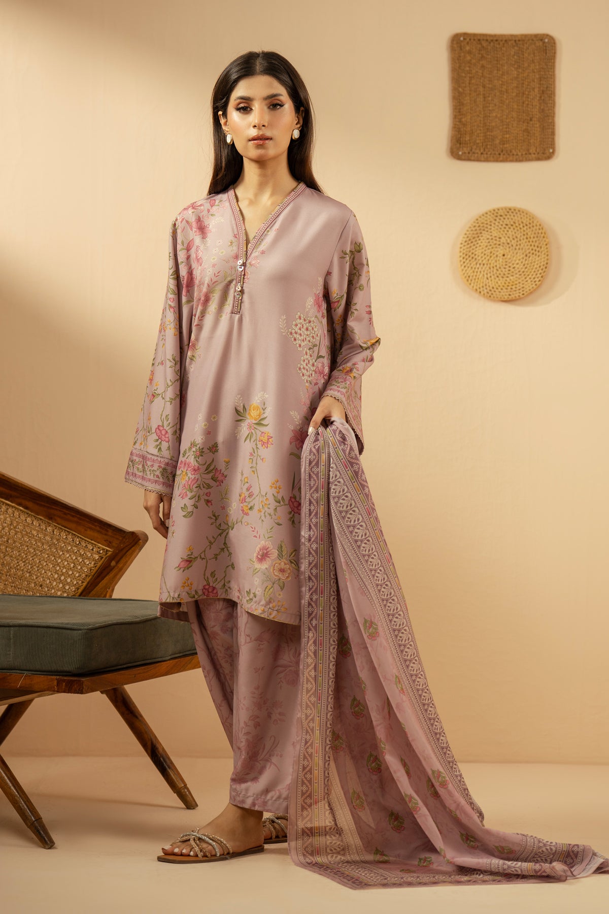 Stitched 3-piece mauve poly cambric suit with delicate geometric patterns, matching dupatta, and trousers from the Performance Edit