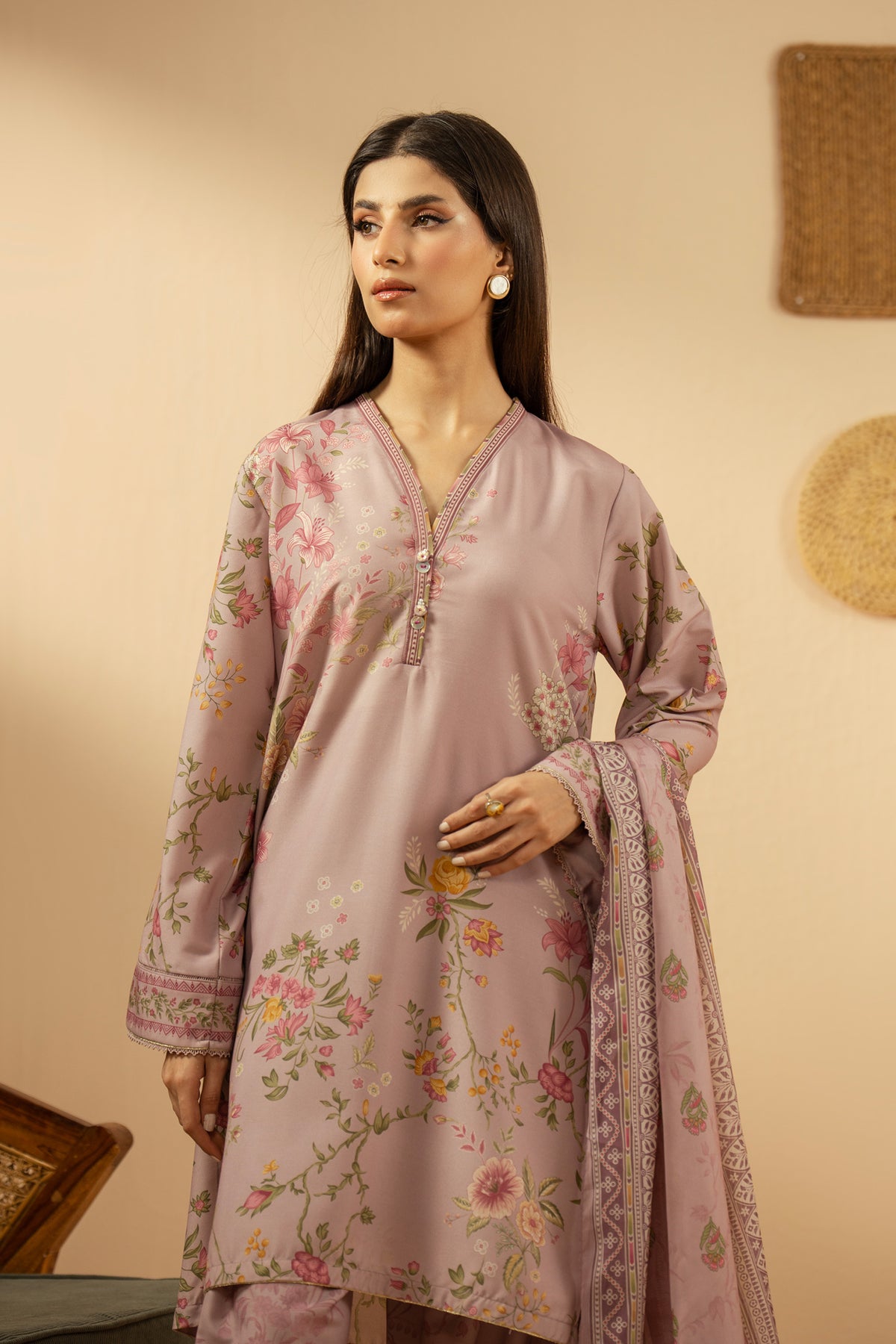 Stitched 3-piece mauve poly cambric suit with delicate geometric patterns, matching dupatta, and trousers from the Performance Edit