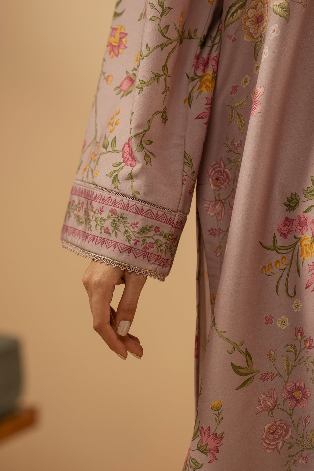 Stitched 3-piece mauve poly cambric suit with delicate geometric patterns, matching dupatta, and trousers from the Performance Edit