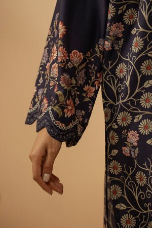 Vibrant stitched 3-piece deep purple poly cambric suit showcasing intricate prints, complete with a dupatta and bottoms