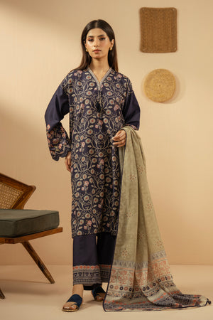 Vibrant stitched 3-piece deep purple poly cambric suit showcasing intricate prints, complete with a dupatta and bottoms