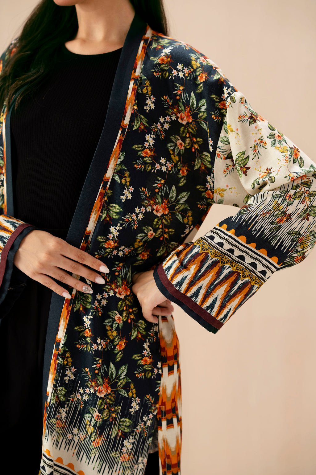 Stitched 1 Piece Digital Printed Dull Raw Silk Jacket