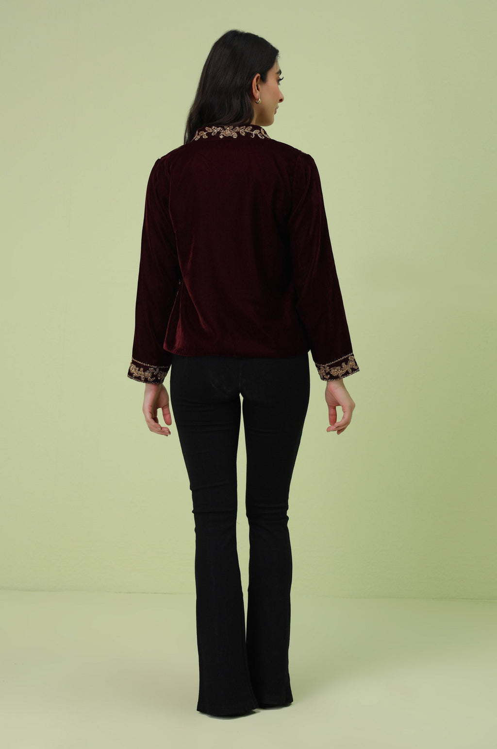 Stitched 1 Piece Embroidered Velvet Jacket - Maroon (FACTORY E-OUTLET)
