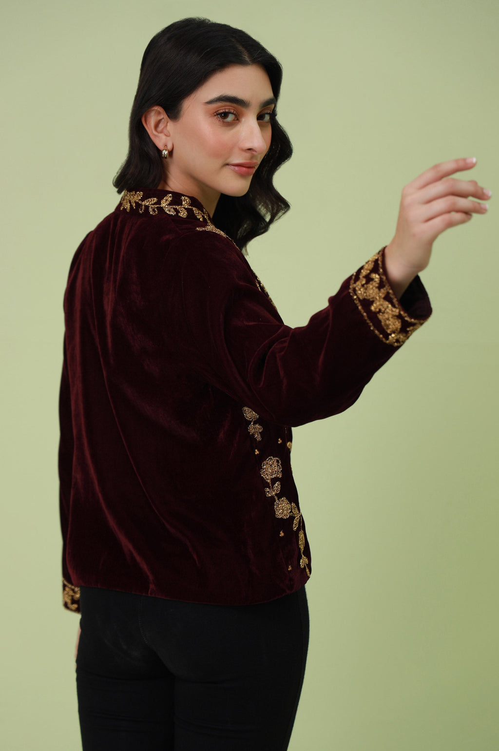 Stitched 1 Piece Embroidered Velvet Jacket - Maroon (FACTORY E-OUTLET)