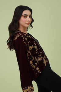 Stitched 1 Piece Embroidered Velvet Jacket - Maroon (FACTORY E-OUTLET)