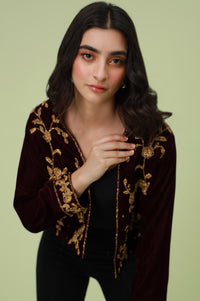 Stitched 1 Piece Embroidered Velvet Jacket - Maroon (FACTORY E-OUTLET)