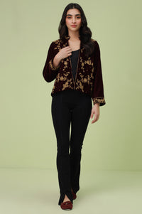 Stitched 1 Piece Embroidered Velvet Jacket - Maroon (FACTORY E-OUTLET)