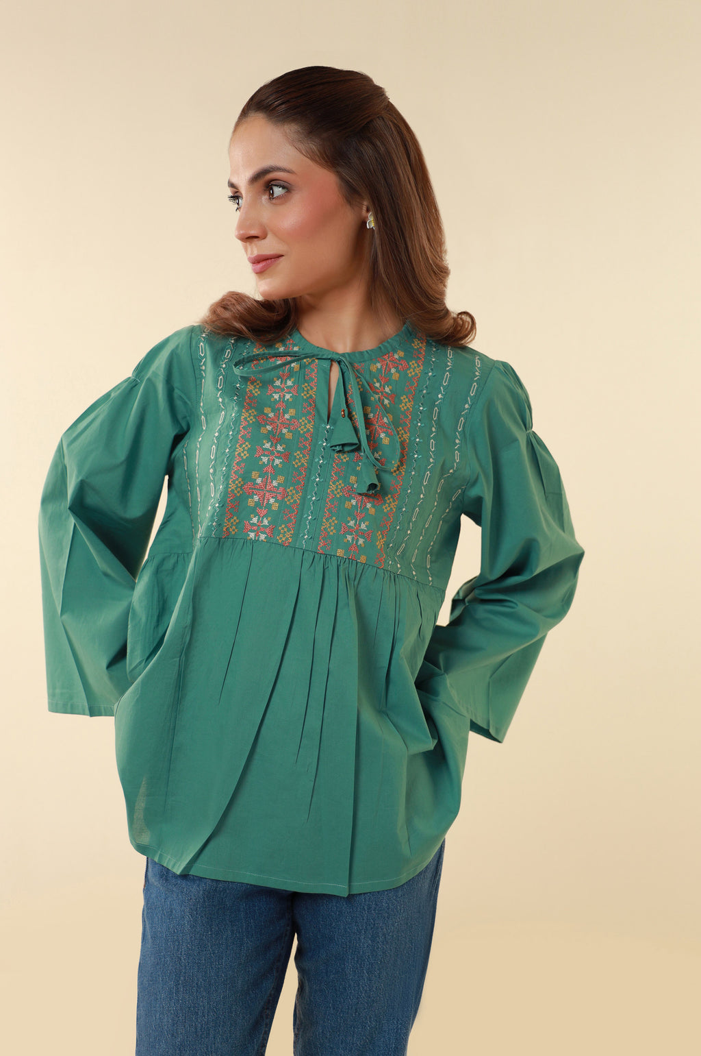 Stitched 1 Piece Embroidered Cambric Fusion Top