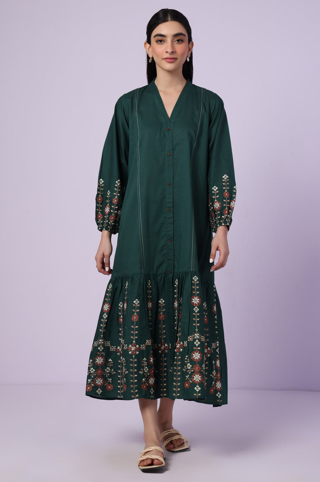 Stitched 1 Piece Embroidered Cambric Long Dress