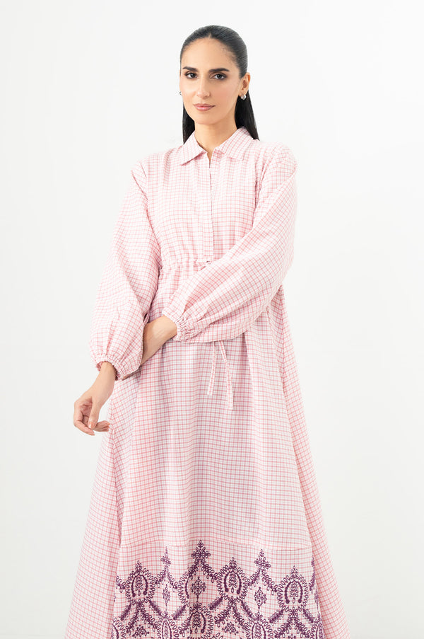 Stitched 1 Piece Yarn Dyed Checks Embroidered Long Dress