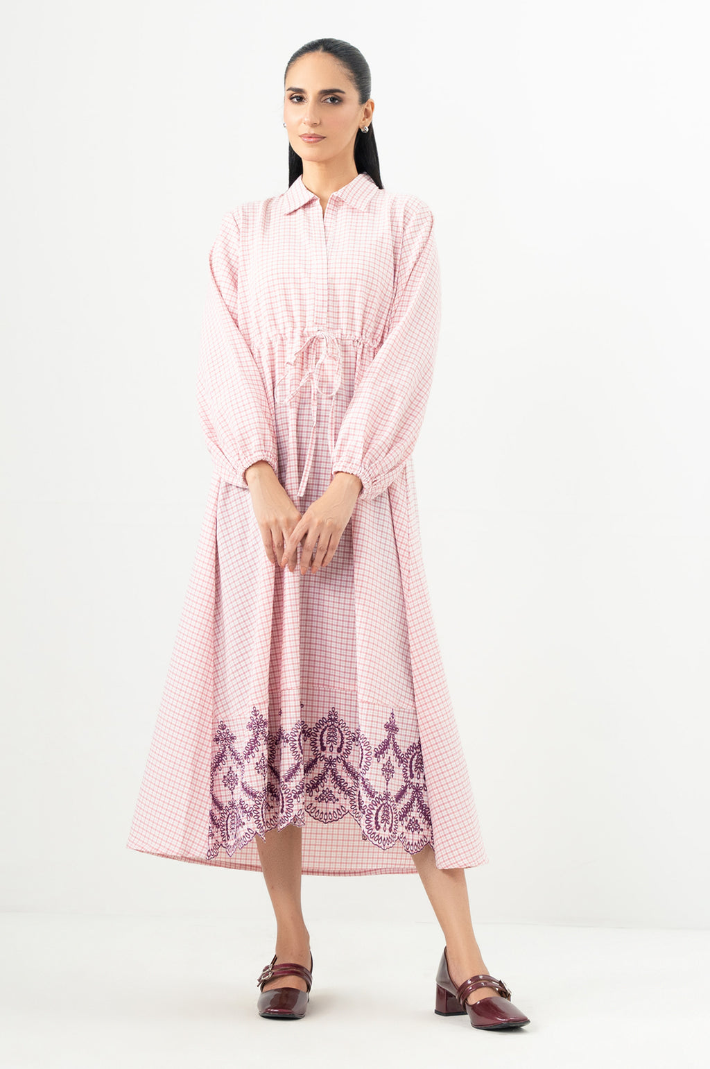 Stitched 1 Piece Yarn Dyed Checks Embroidered Long Dress