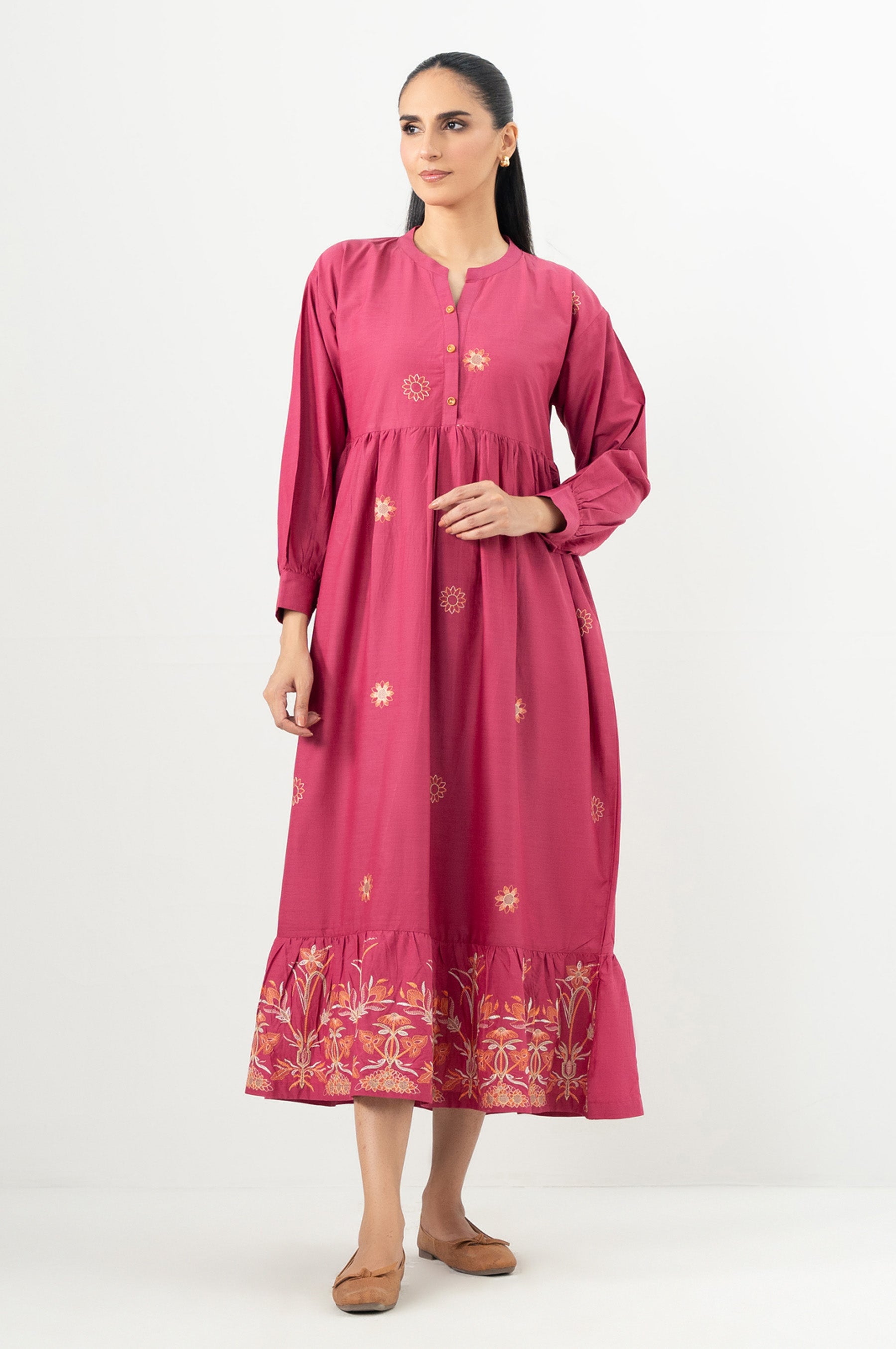 Stitched 1 Piece Embroidered Cotton Viscose Long Dress – Zeenwoman