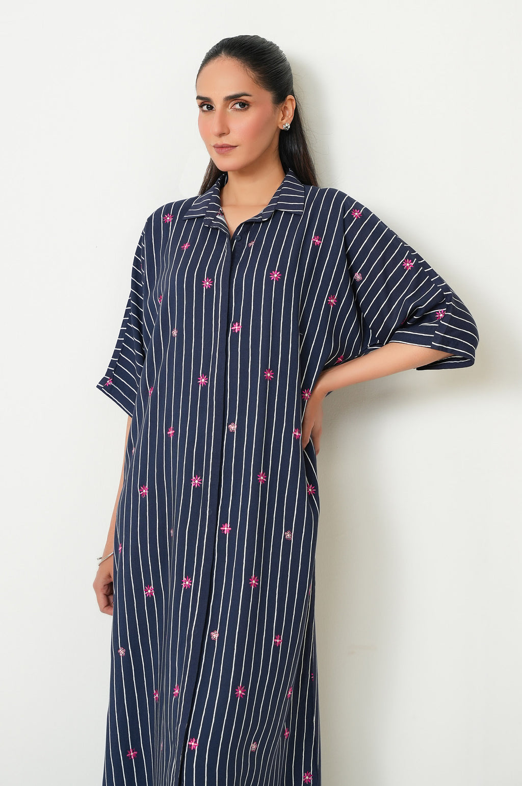 Stitched 1 Piece Embroidered Yarn Dyed Long Dress