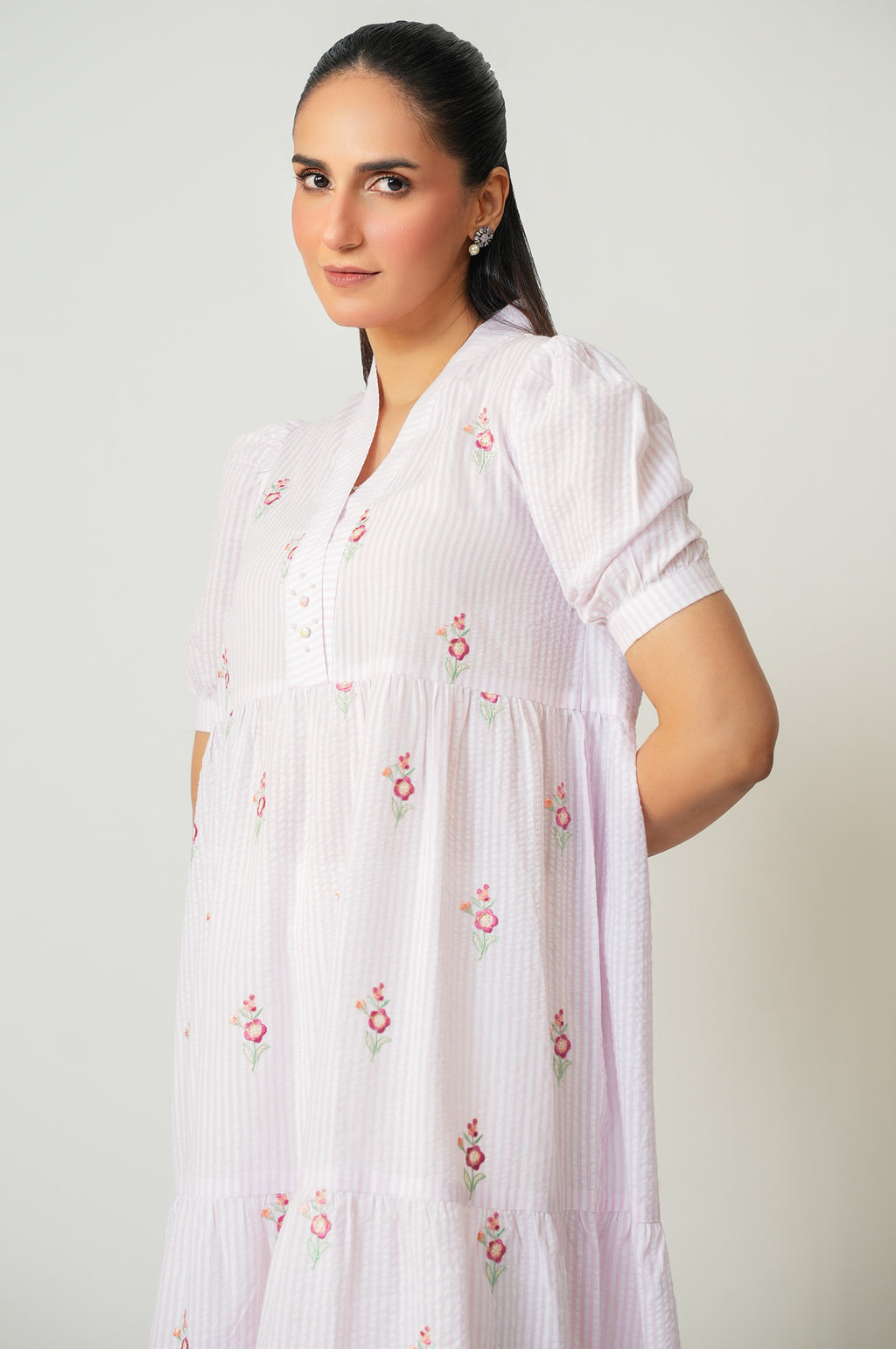 Stitched 1 Piece Embroidered Yarn Dyed Long Dress