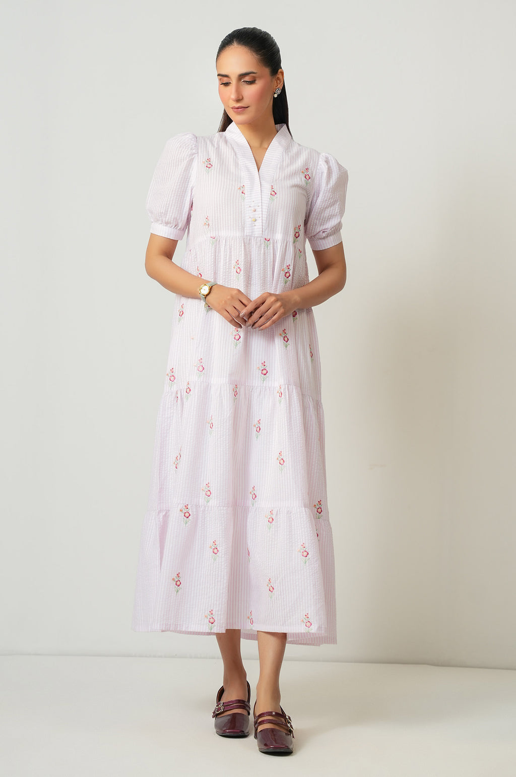 Stitched 1 Piece Embroidered Yarn Dyed Long Dress