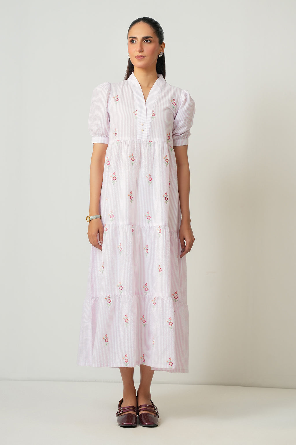 Stitched 1 Piece Embroidered Yarn Dyed Long Dress