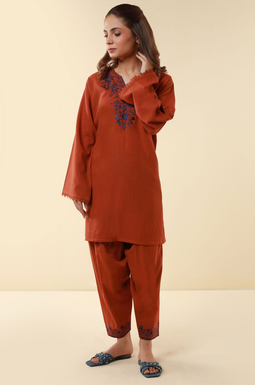Stitched 2 Piece Embroidered Checkered Cotton