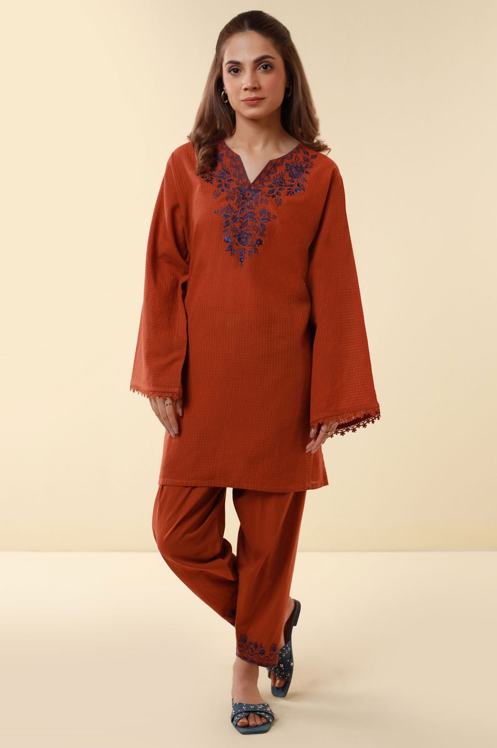 Stitched 2 Piece Embroidered Checkered Cotton