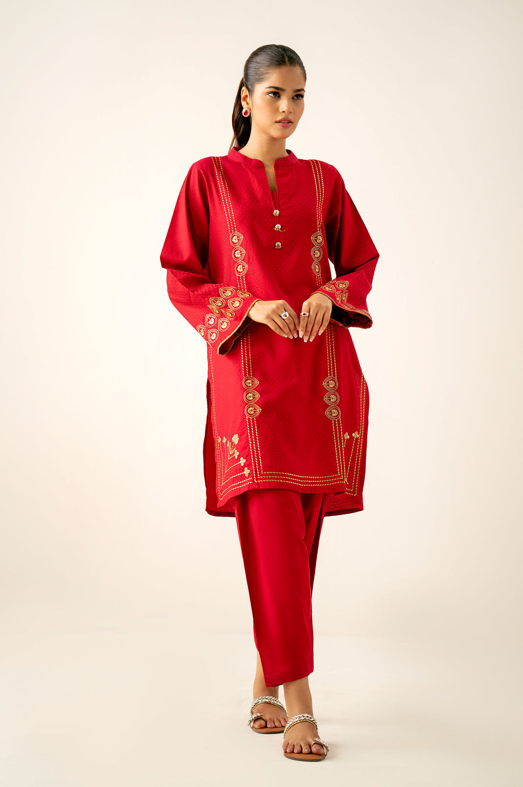 Stitched Piece Embroidered Satin Jacquard Suit