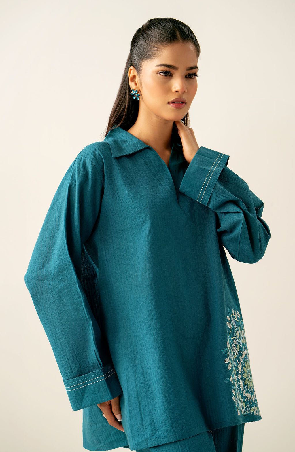 Stitched 2 Piece Embroidered Cotton Crinkle Co-Ord Set