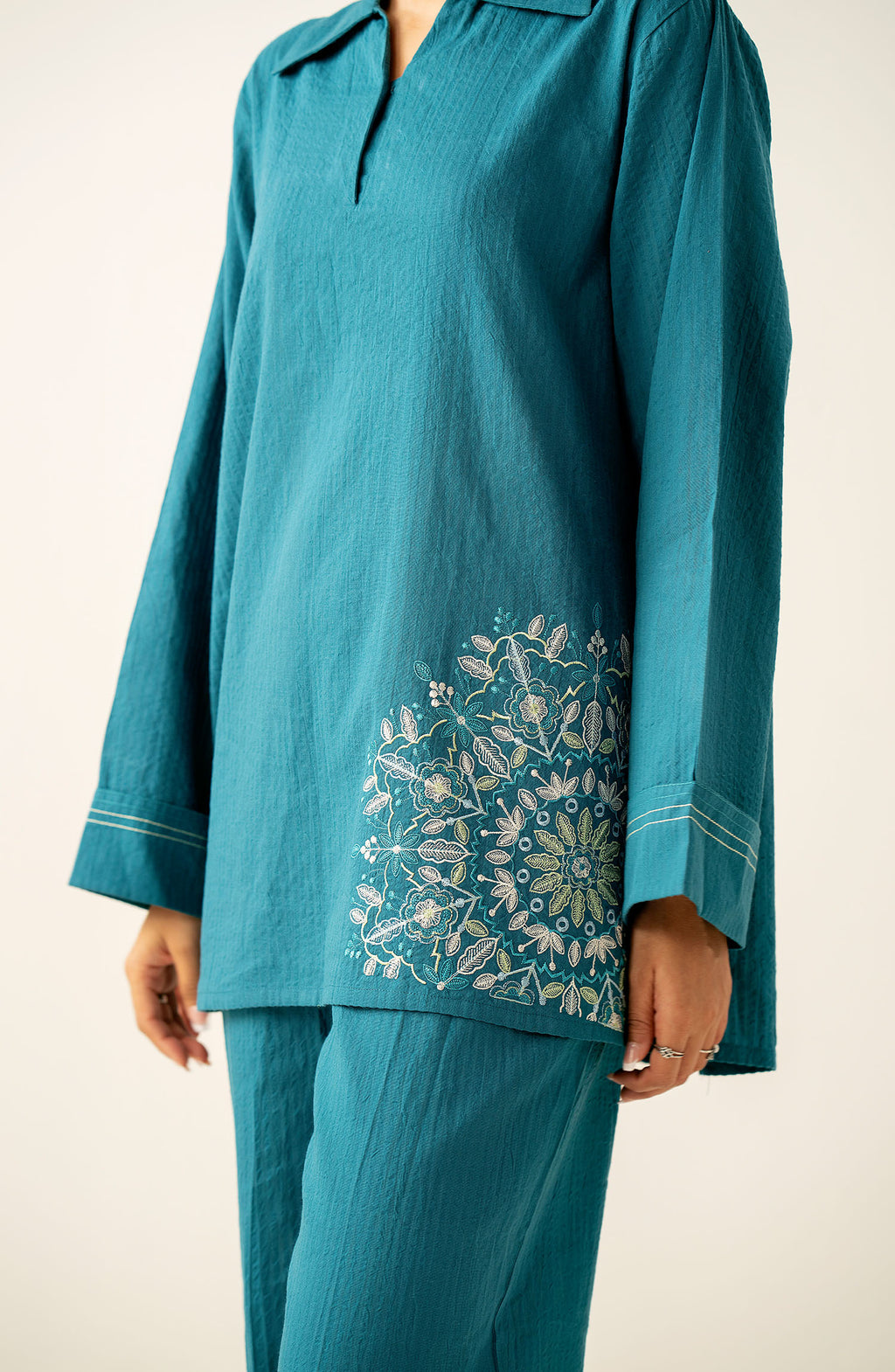 Stitched 2 Piece Embroidered Cotton Crinkle Co-Ord Set