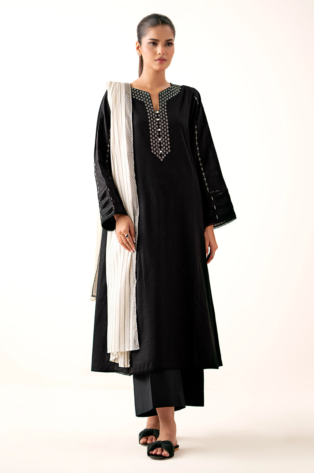 Stitched 2 Piece Embroidered Both Side Slub Shirt With Jacquard Dupatta