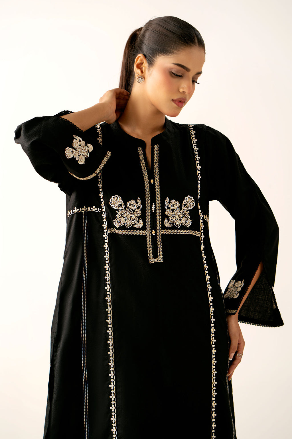 Stitched 2 Piece Embroidered Satin Jacquard Suit